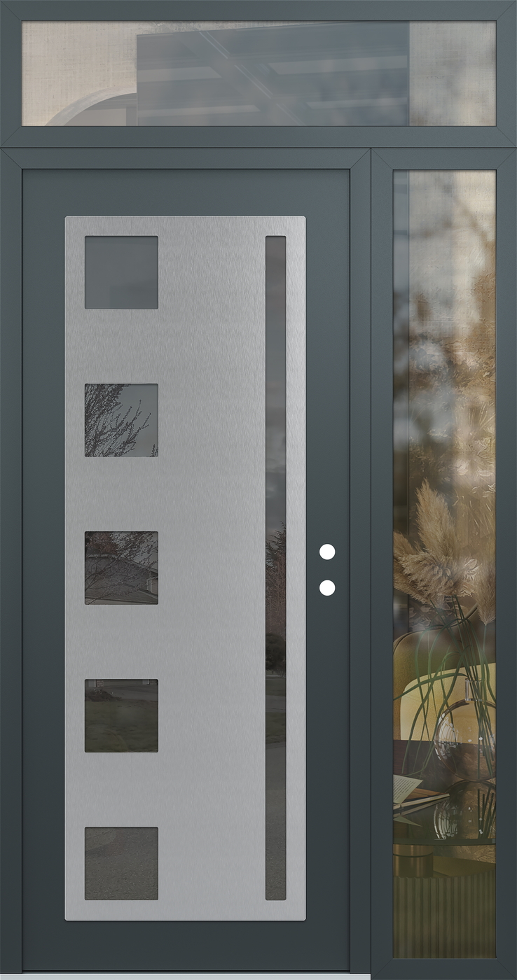 Modern Steel Front Door Diamond C3 52" x 96" anthracite/anthracite mirrored Glass Panel stainless steel LHI with Sidelite and Transom clear Glass