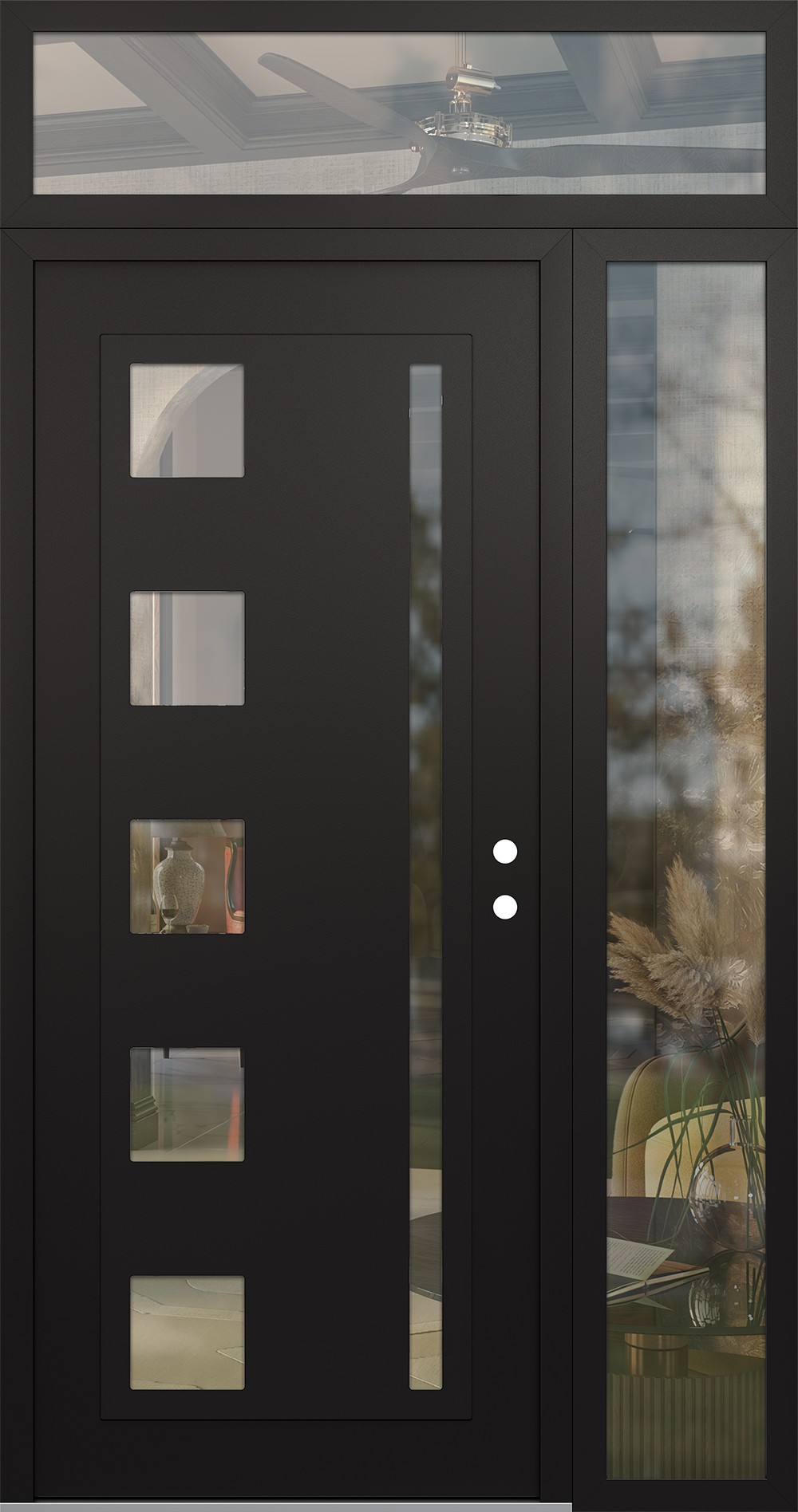 Modern Steel Front Door Diamond C3 52" x 96" black/black clear Glass Panel black LHI with Sidelite and Transom clear Glass