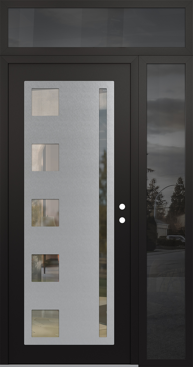 Modern Steel Front Door Diamond C3 52" x 96" black/black clear Glass Panel stainless steel LHI with Sidelite and Transom mirrored Glass