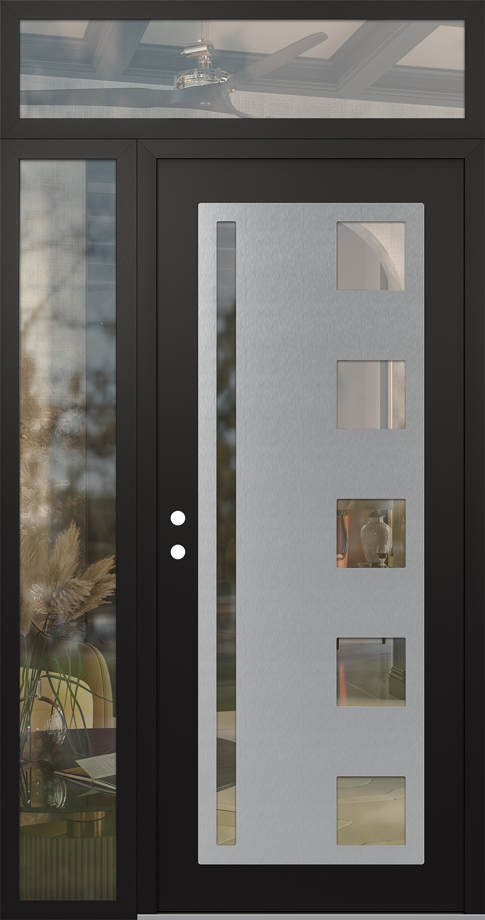 Modern Steel Front Door Diamond C3 52" x 96" black/black clear Glass Panel stainless steel RHI with Sidelite and Transom clear Glass