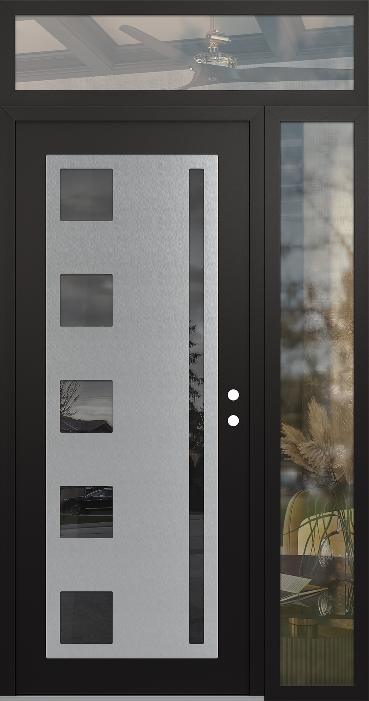 Modern Steel Front Door Diamond C3 52" x 96" black/black mirrored Glass Panel stainless steel LHI with Sidelite and Transom clear Glass