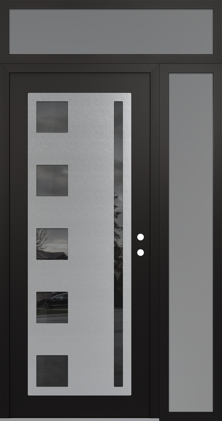Modern Steel Front Door Diamond C3 52" x 96" black/black mirrored Glass Panel stainless steel LHI with Sidelite and Transom frosted Glass