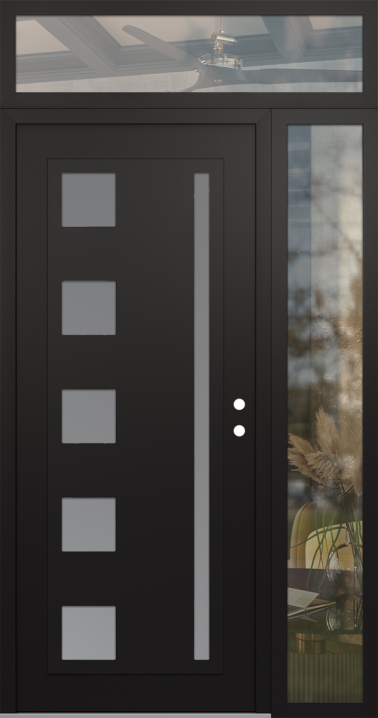 Modern Steel Front Door Diamond C3 52" x 96" black/white frosted Glass Panel black LHI with Sidelite and Transom clear Glass