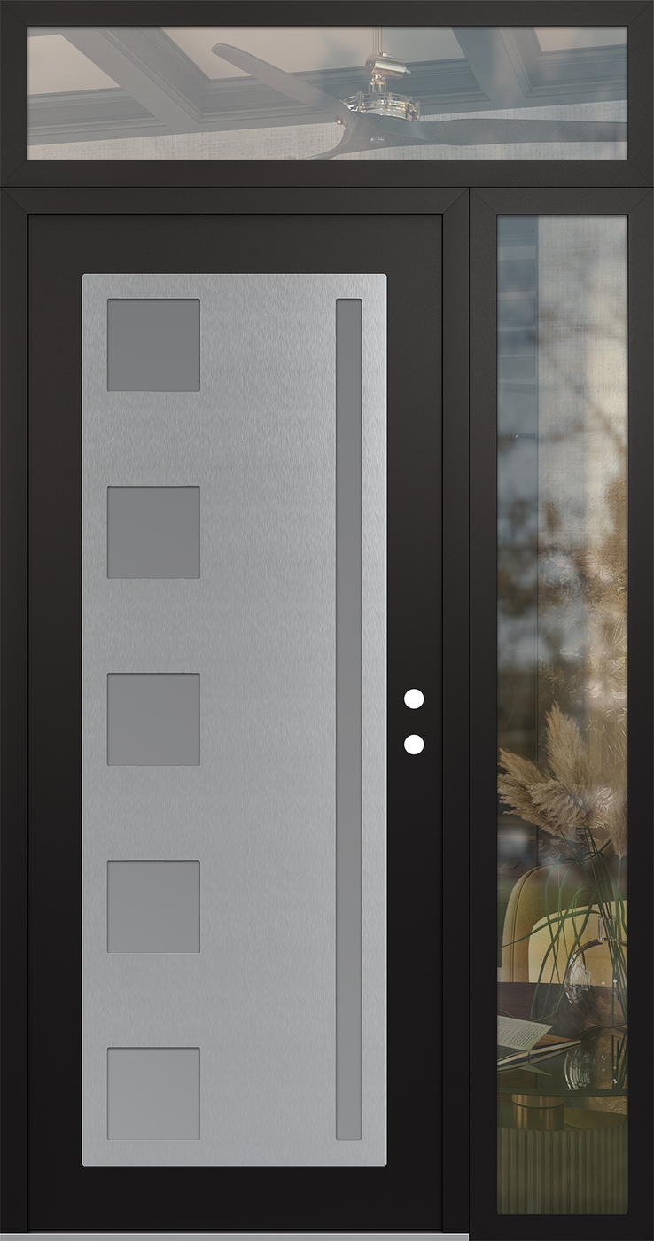 Modern Steel Front Door Diamond C3 52" x 96" black/white frosted Glass Panel stainless steel LHI with Sidelite and Transom clear Glass