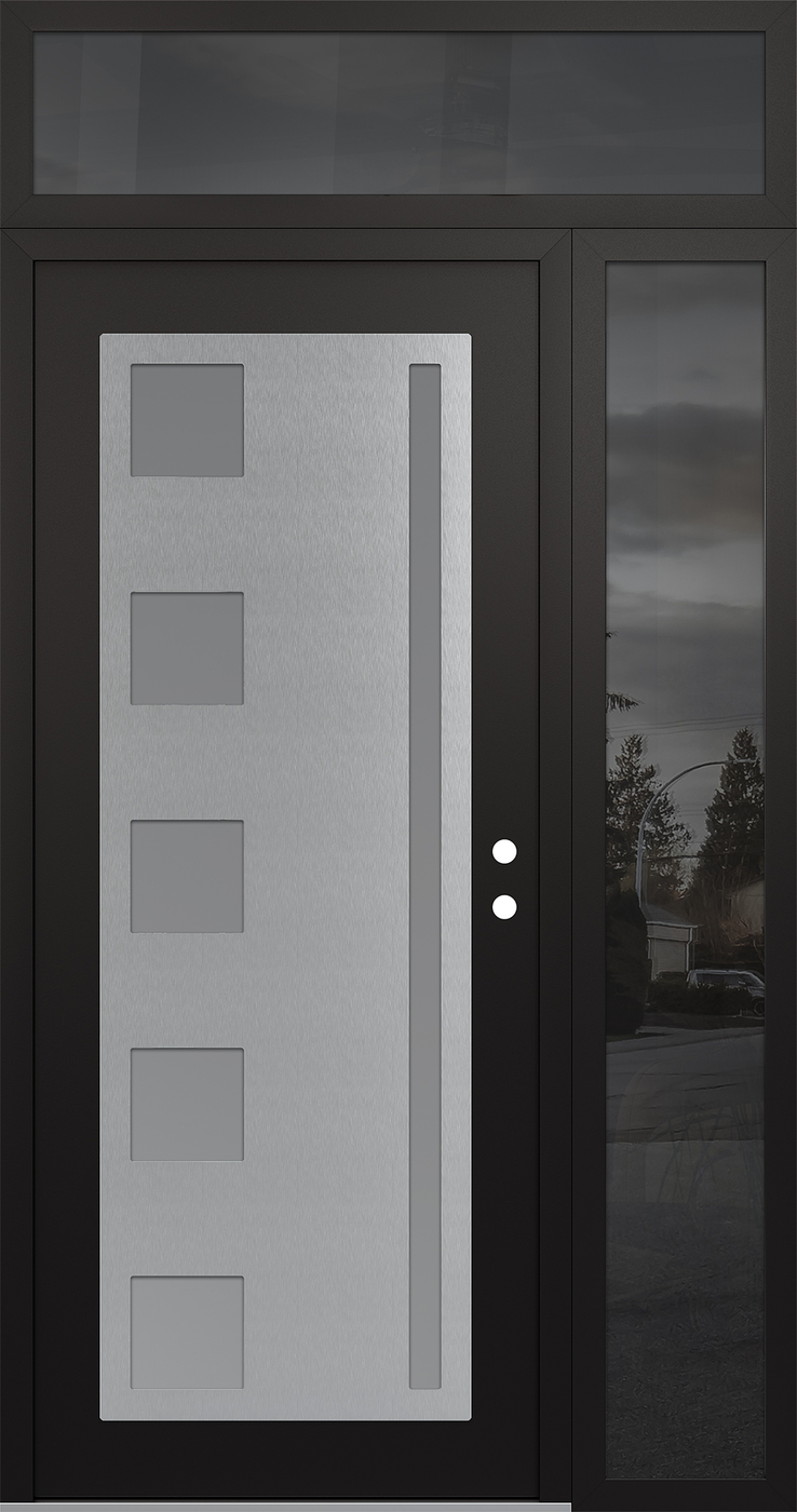 Modern Steel Front Door Diamond C3 52" x 96" black/white frosted Glass Panel stainless steel LHI with Sidelite and Transom mirrored Glass