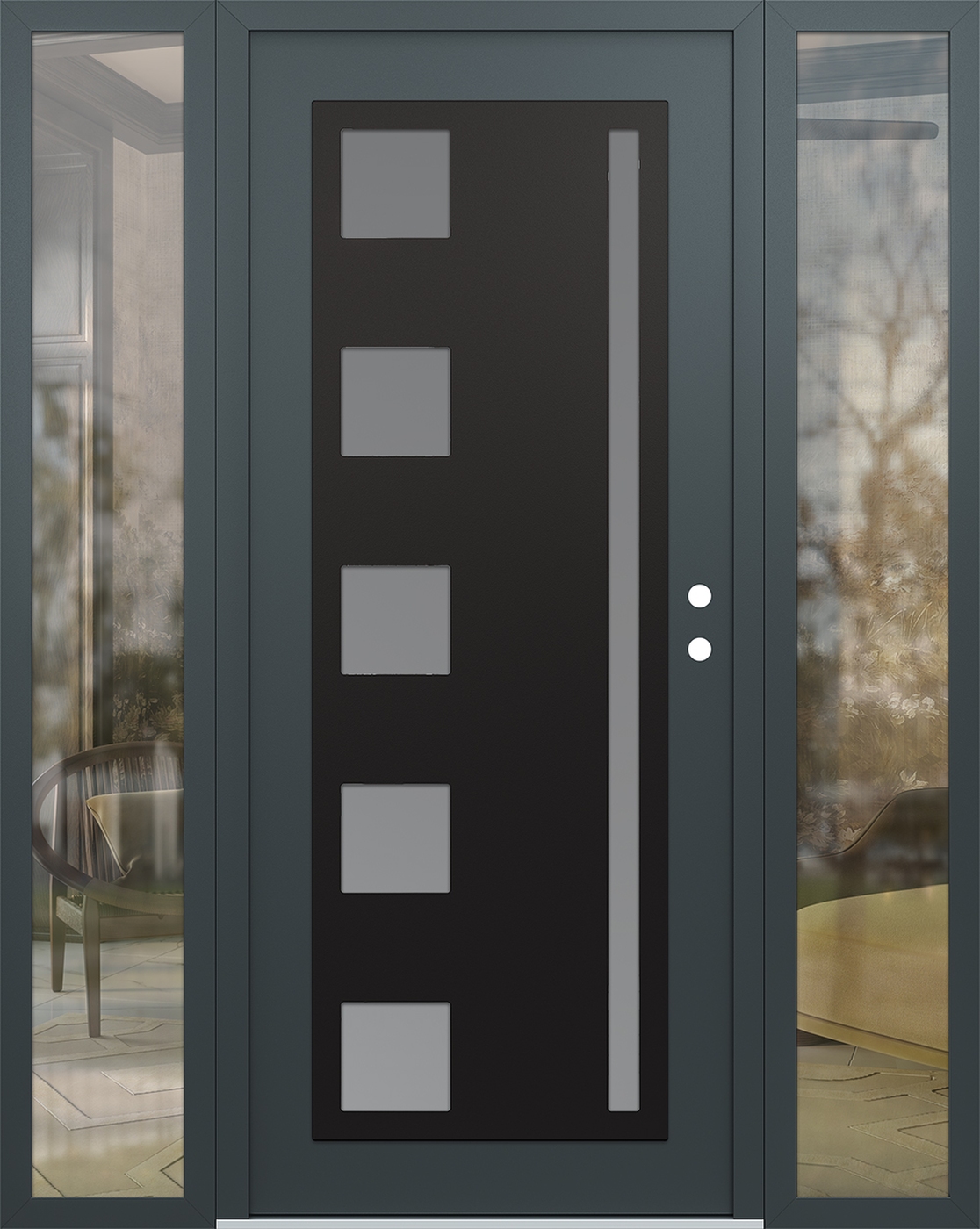 Modern Steel Front Door Diamond C3 60" x 80" anthracite/anthracite frosted Glass Panel black LHI with 2 Sidelites clear Glass