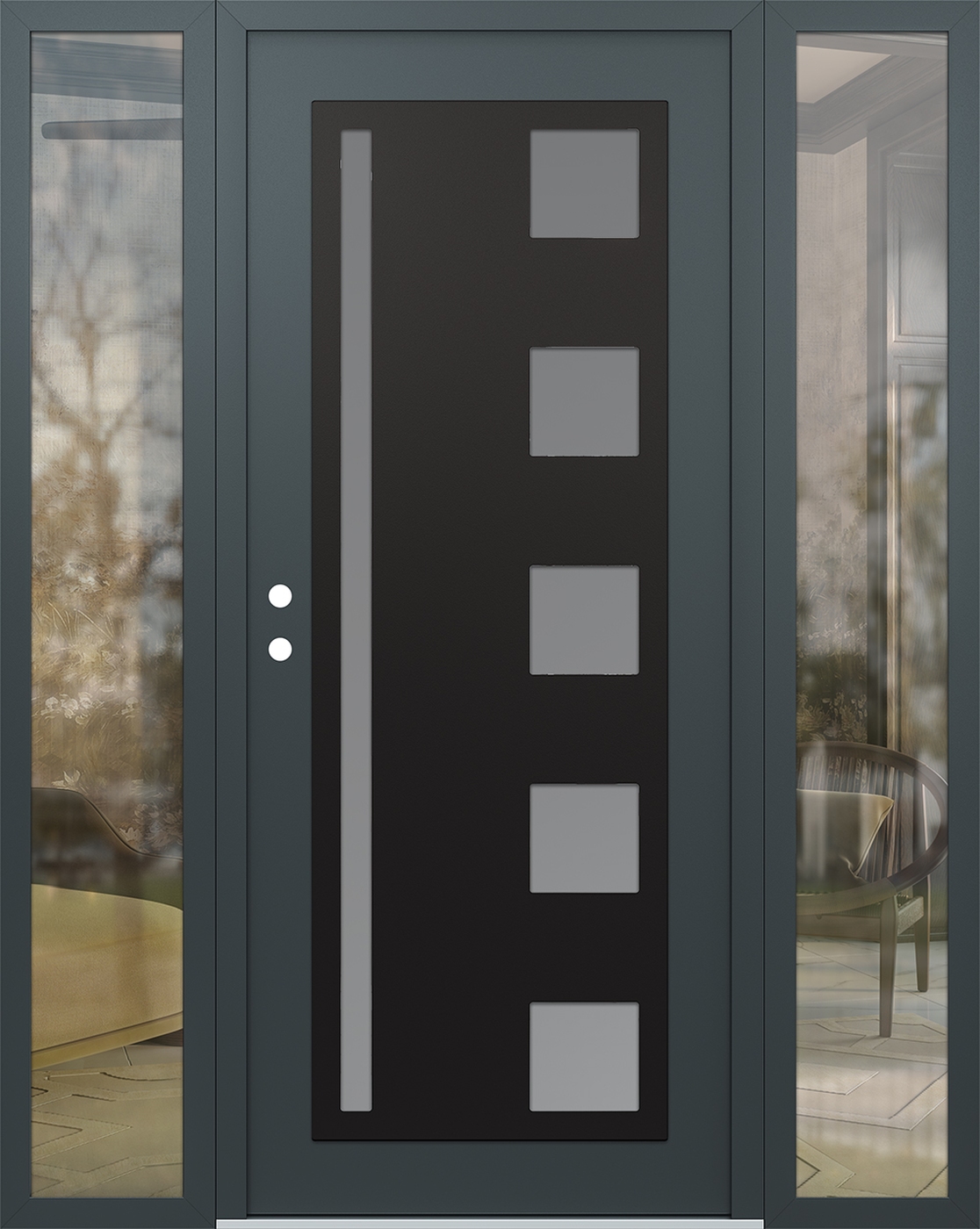 Modern Steel Front Door Diamond C3 60" x 80" anthracite/anthracite frosted Glass Panel black RHI with 2 Sidelites clear Glass