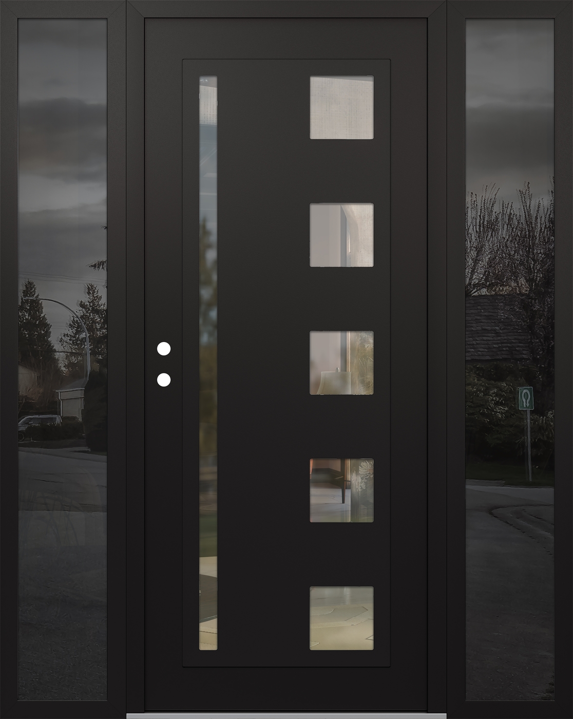 Modern Steel Front Door Diamond C3 60" x 80" black/black clear Glass Panel black RHI with 2 Sidelites mirrored Glass