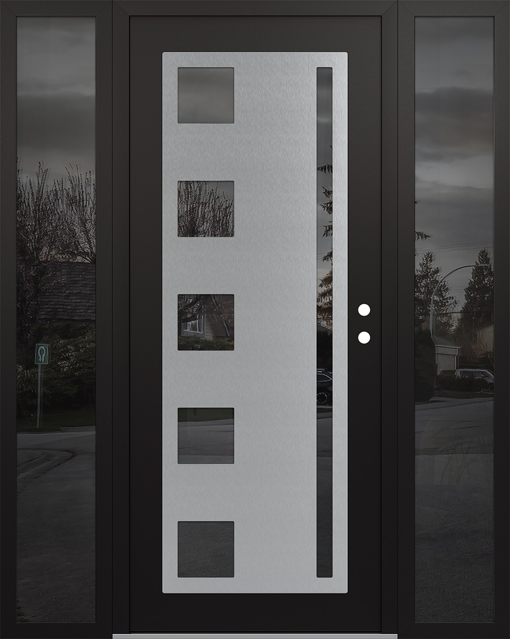 Modern Steel Front Door Diamond C3 60" x 80" black/black mirrored Glass Panel stainless steel LHI with 2 Sidelites mirrored Glass