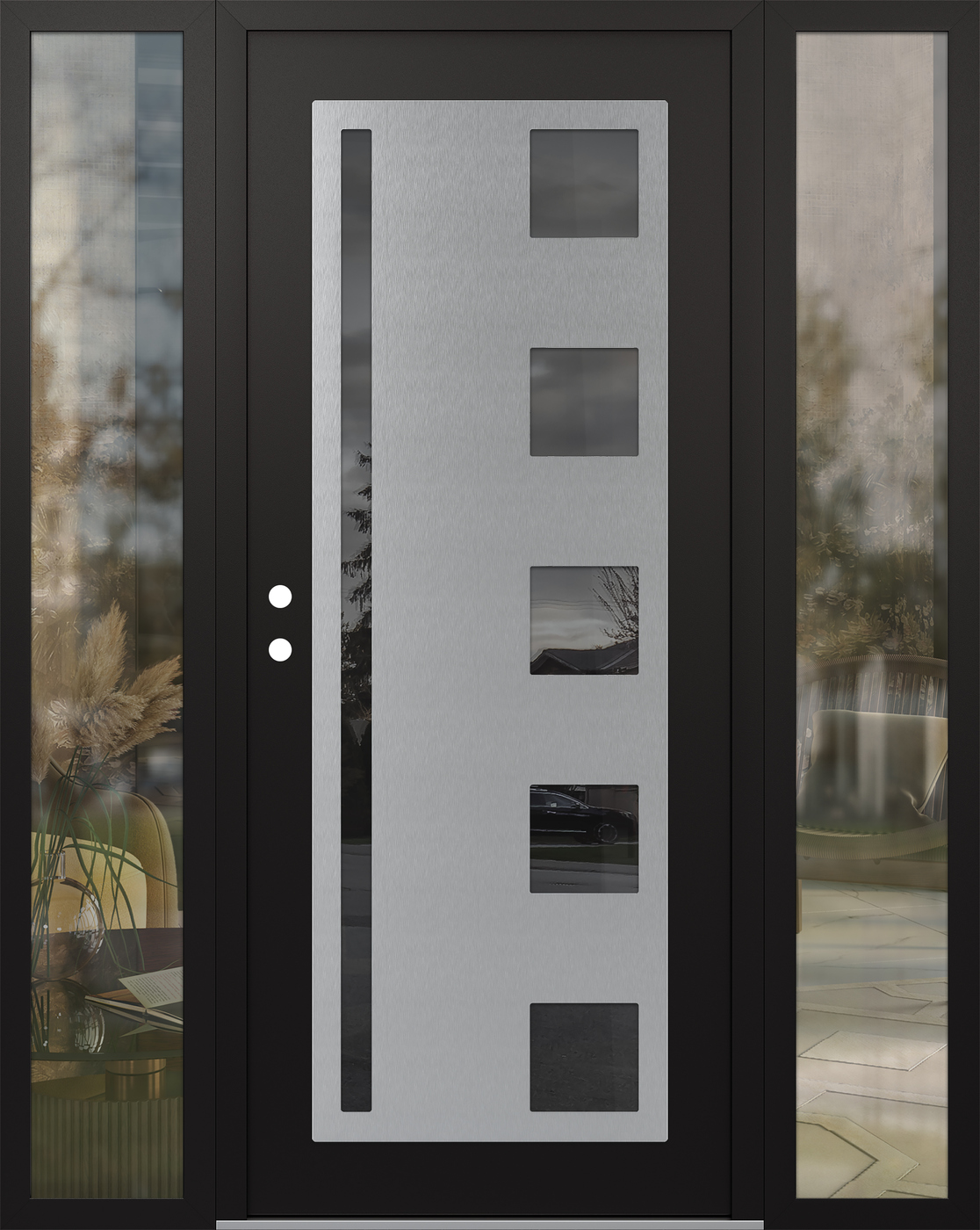 Modern Steel Front Door Diamond C3 60" x 80" black/black mirrored Glass Panel stainless steel RHI with 2 Sidelites clear Glass