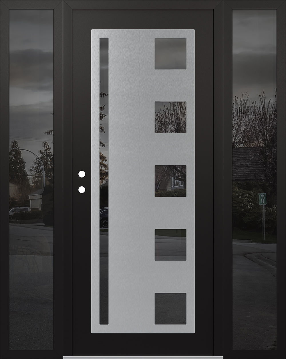 Modern Steel Front Door Diamond C3 60" x 80" black/black mirrored Glass Panel stainless steel RHI with 2 Sidelites mirrored Glass