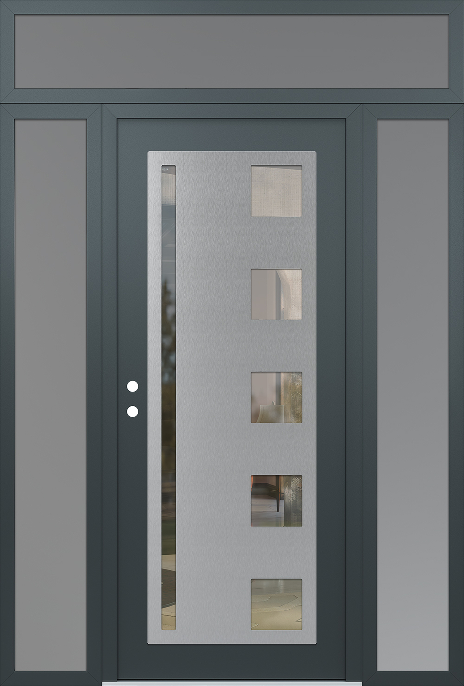 Modern Steel Front Door Diamond C3 60" x 96" anthracite/anthracite clear Glass Panel stainless steel RHI with 2 Sidelites and Transom frosted Glass
