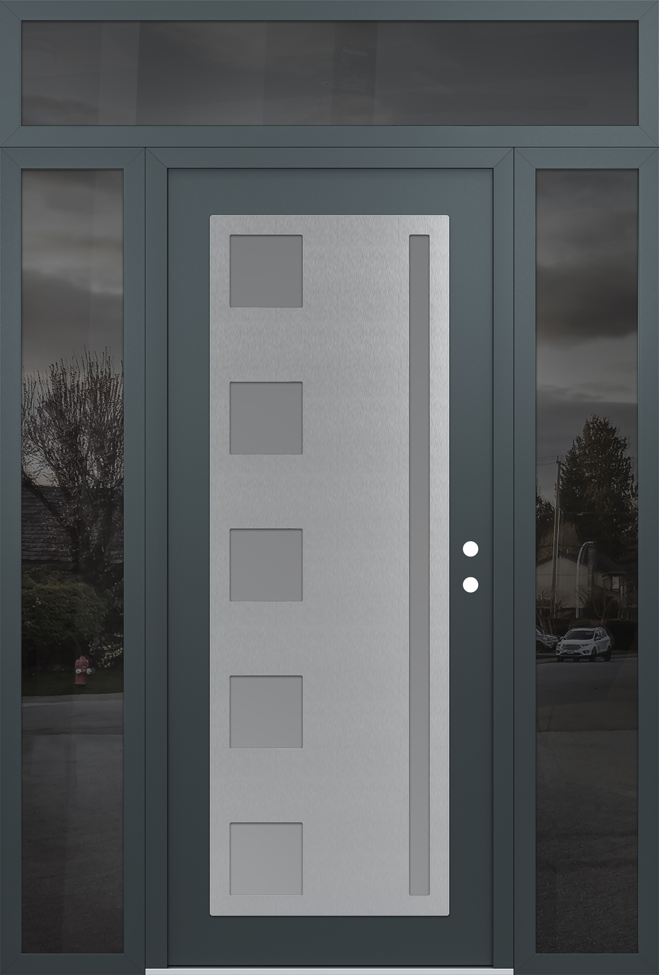Modern Steel Front Door Diamond C3 60" x 96" anthracite/anthracite frosted Glass Panel stainless steel LHI with 2 Sidelites and Transom mirrored Glass