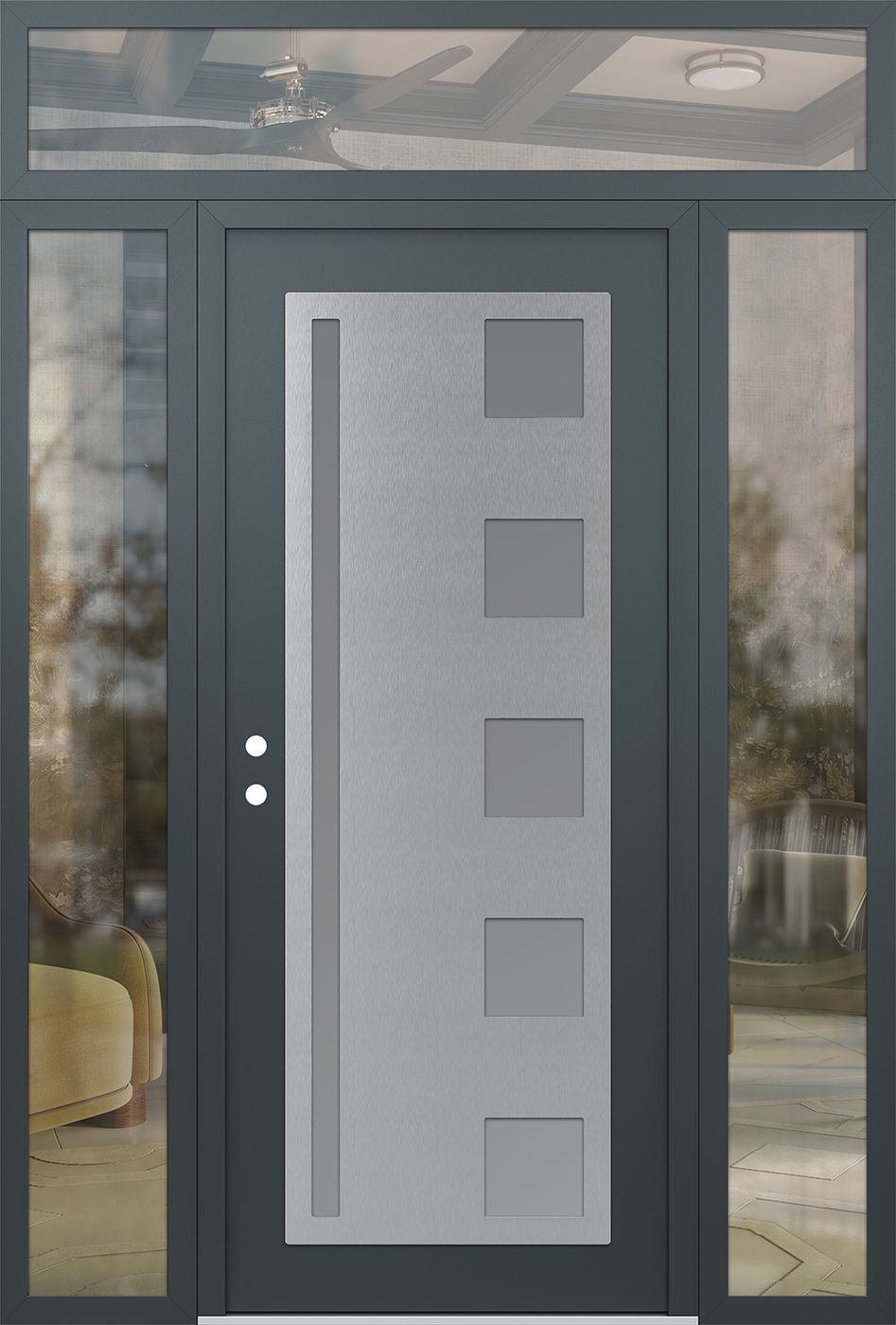 Modern Steel Front Door Diamond C3 60" x 96" anthracite/anthracite frosted Glass Panel stainless steel RHI with 2 Sidelites and Transom clear Glass