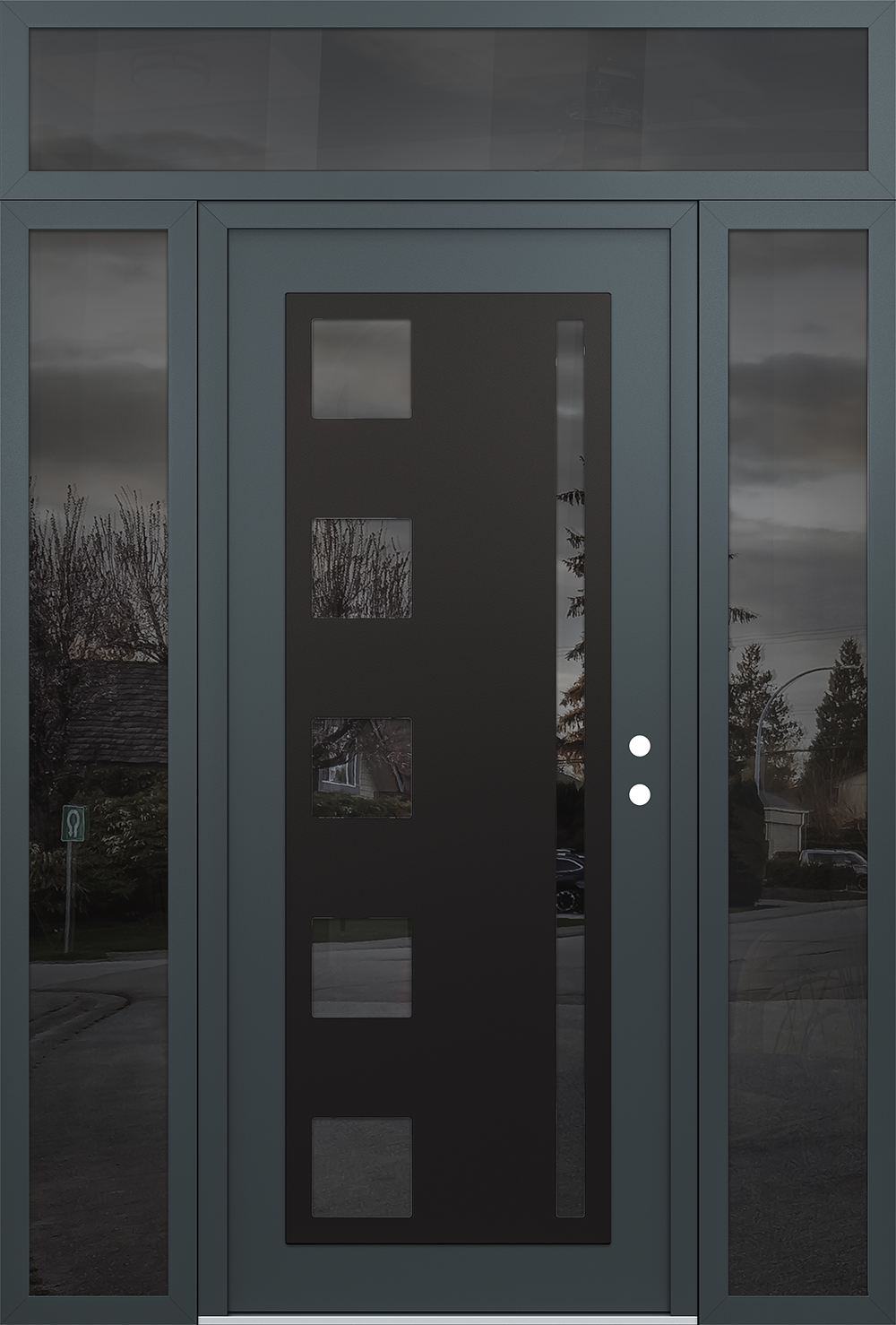 Modern Steel Front Door Diamond C3 60" x 96" anthracite/anthracite mirrored Glass Panel black LHI with 2 Sidelites and Transom mirrored Glass