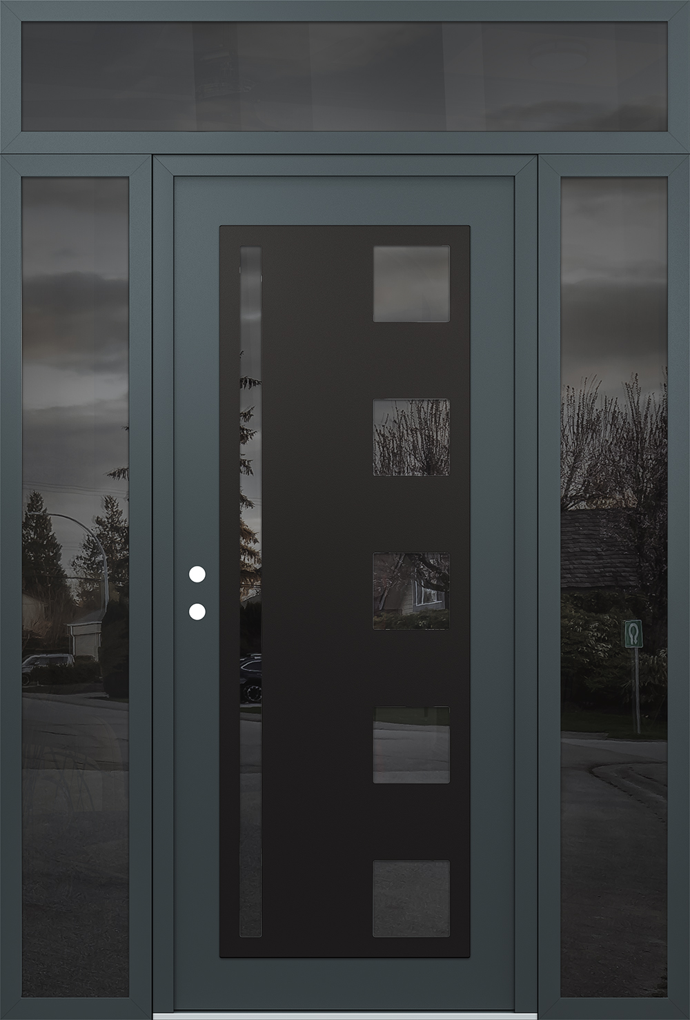Modern Steel Front Door Diamond C3 60" x 96" anthracite/anthracite mirrored Glass Panel black RHI with 2 Sidelites and Transom mirrored Glass