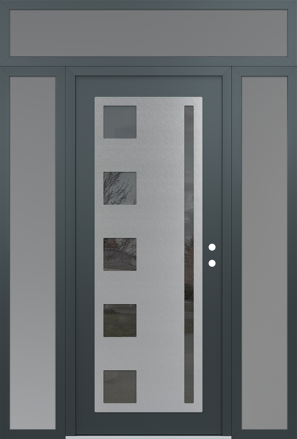 Modern Steel Front Door Diamond C3 60" x 96" anthracite/anthracite mirrored Glass Panel stainless steel LHI with 2 Sidelites and Transom frosted Glass