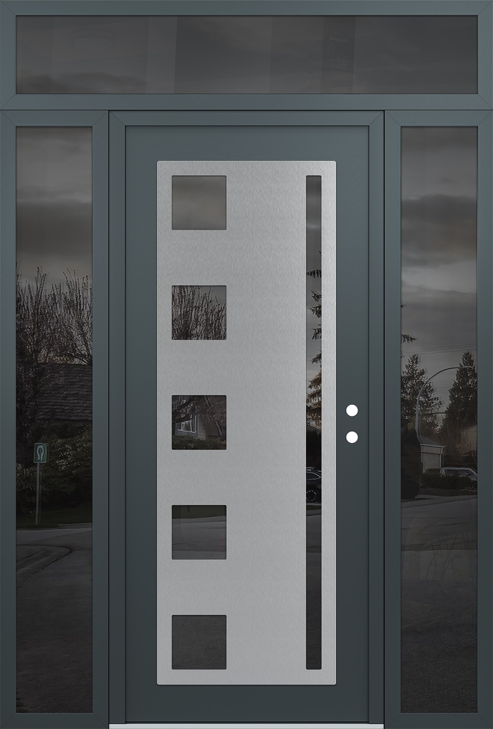 Modern Steel Front Door Diamond C3 60" x 96" anthracite/anthracite mirrored Glass Panel stainless steel LHI with 2 Sidelites and Transom mirrored Glass