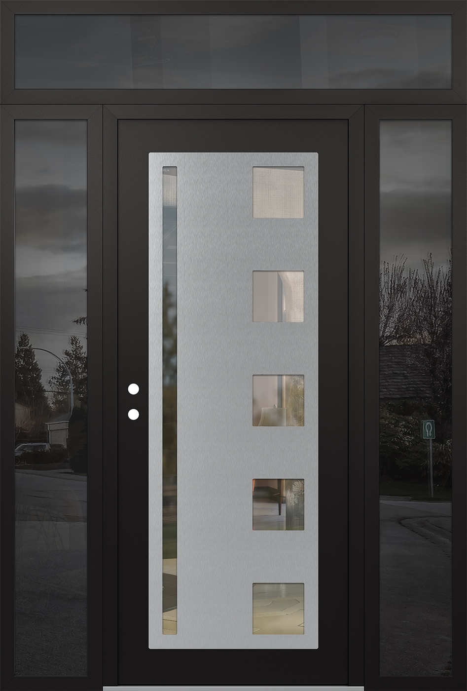 Modern Steel Front Door Diamond C3 60" x 96" black/black clear Glass Panel stainless steel RHI with 2 Sidelites and Transom mirrored Glass