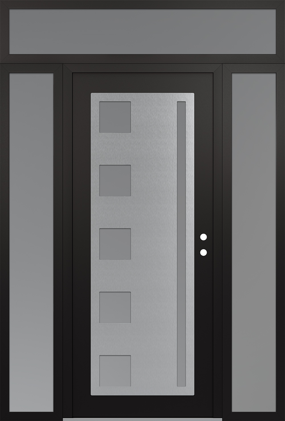 Modern Steel Front Door Diamond C3 60" x 96" black/white frosted Glass Panel stainless steel LHI with 2 Sidelites and Transom frosted Glass