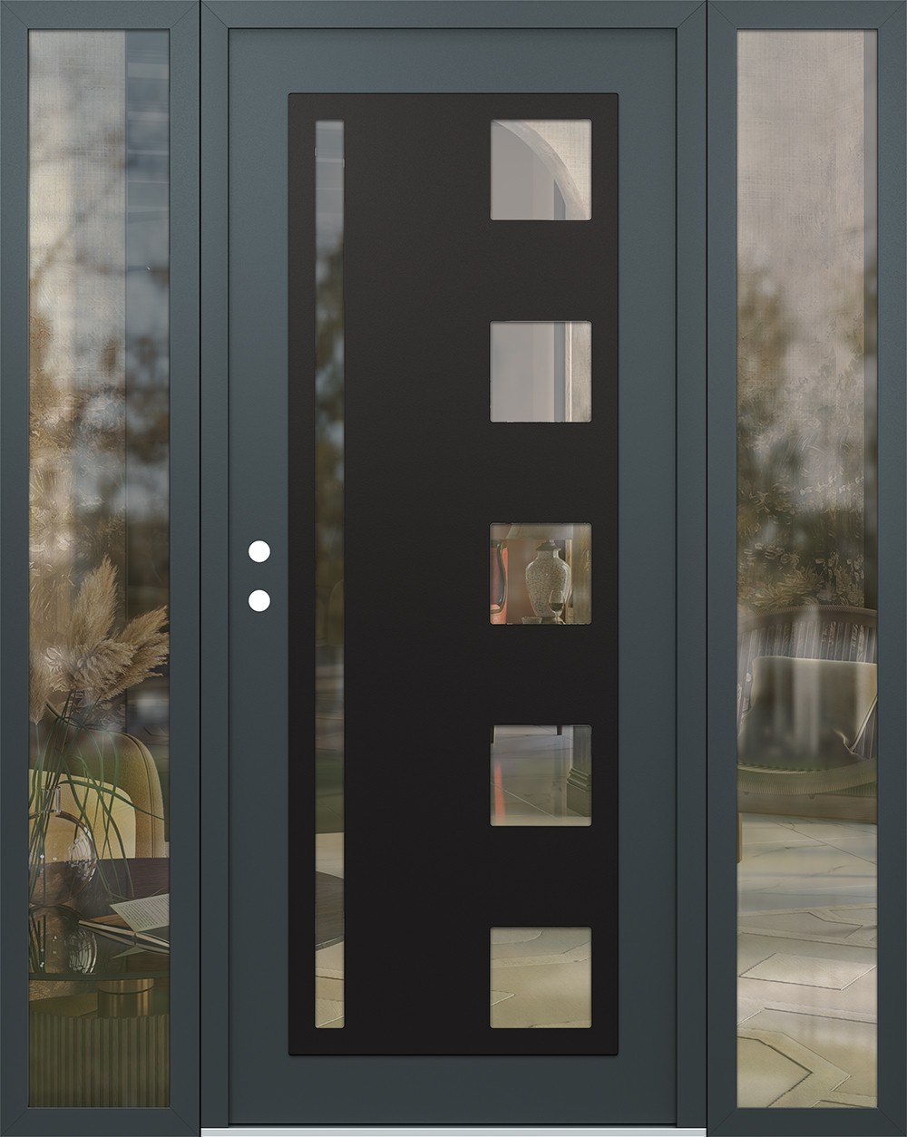 Modern Steel Front Door Diamond C3 64" x 80" anthracite/anthracite clear Glass Panel black RHI with 2 Sidelites clear Glass