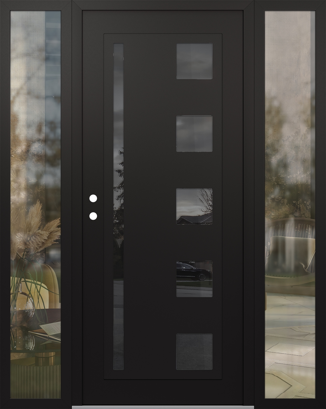 Modern Steel Front Door Diamond C3 64" x 80" black/black mirrored Glass Panel black RHI with 2 Sidelites clear Glass