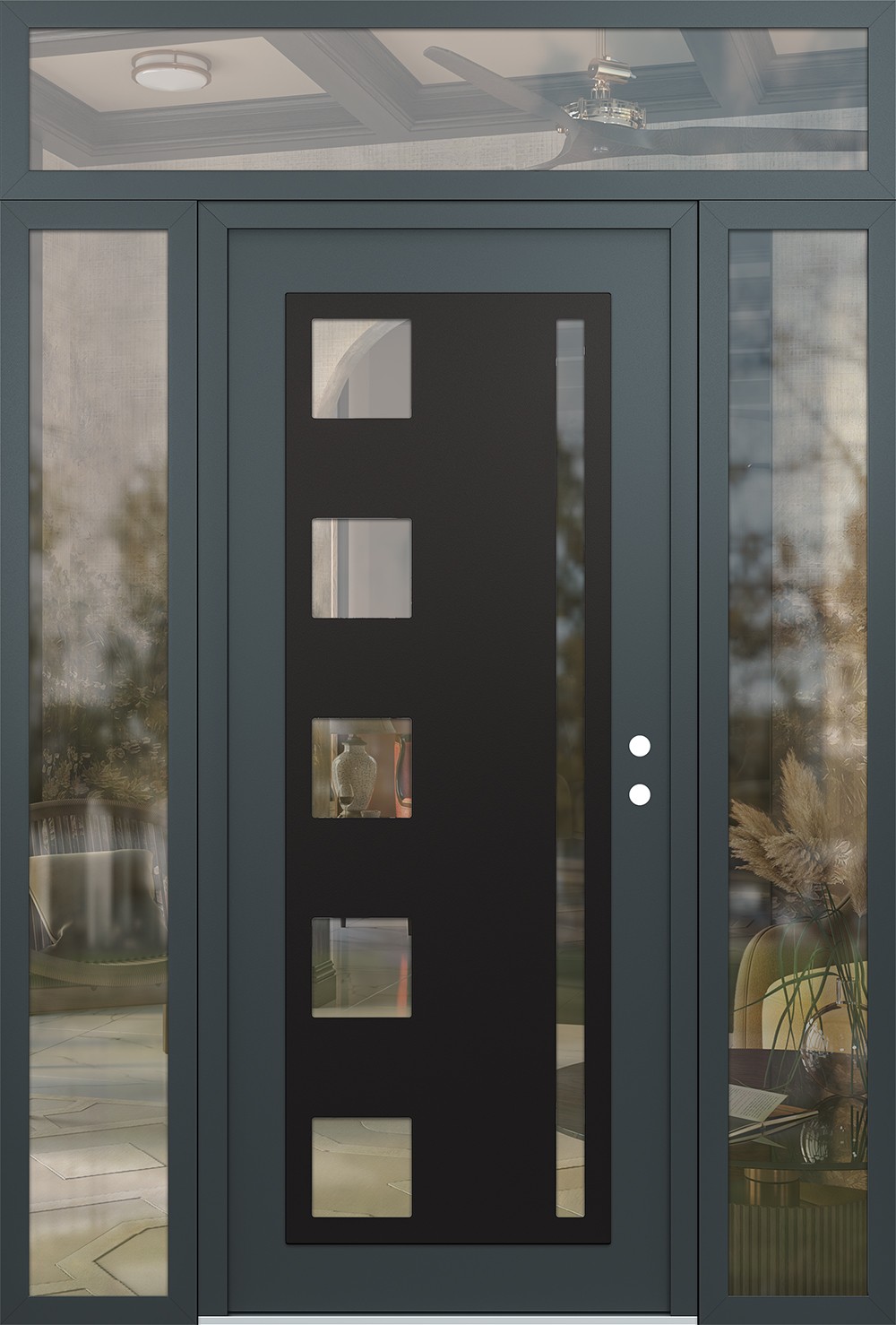 Modern Steel Front Door Diamond C3 64" x 96" anthracite/anthracite clear Glass Panel black LHI with 2 Sidelites and Transom clear Glass