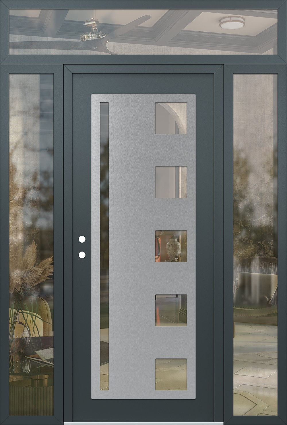 Modern Steel Front Door Diamond C3 64" x 96" anthracite/anthracite clear Glass Panel stainless steel RHI with 2 Sidelites and Transom clear Glass
