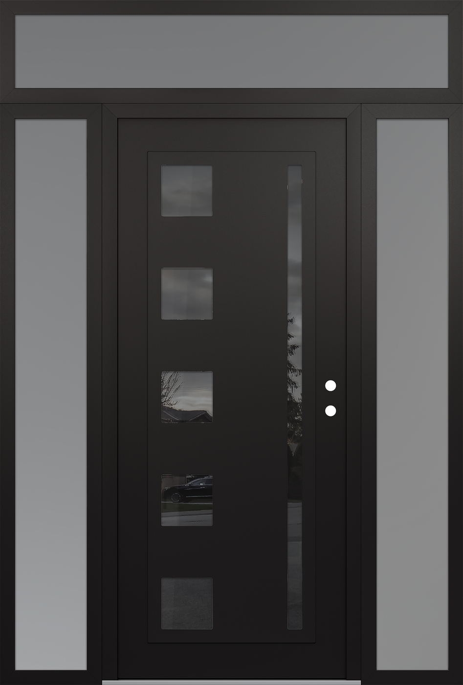 Modern Steel Front Door Diamond C3 64" x 96" black/black mirrored Glass Panel black LHI with 2 Sidelites and Transom frosted Glass