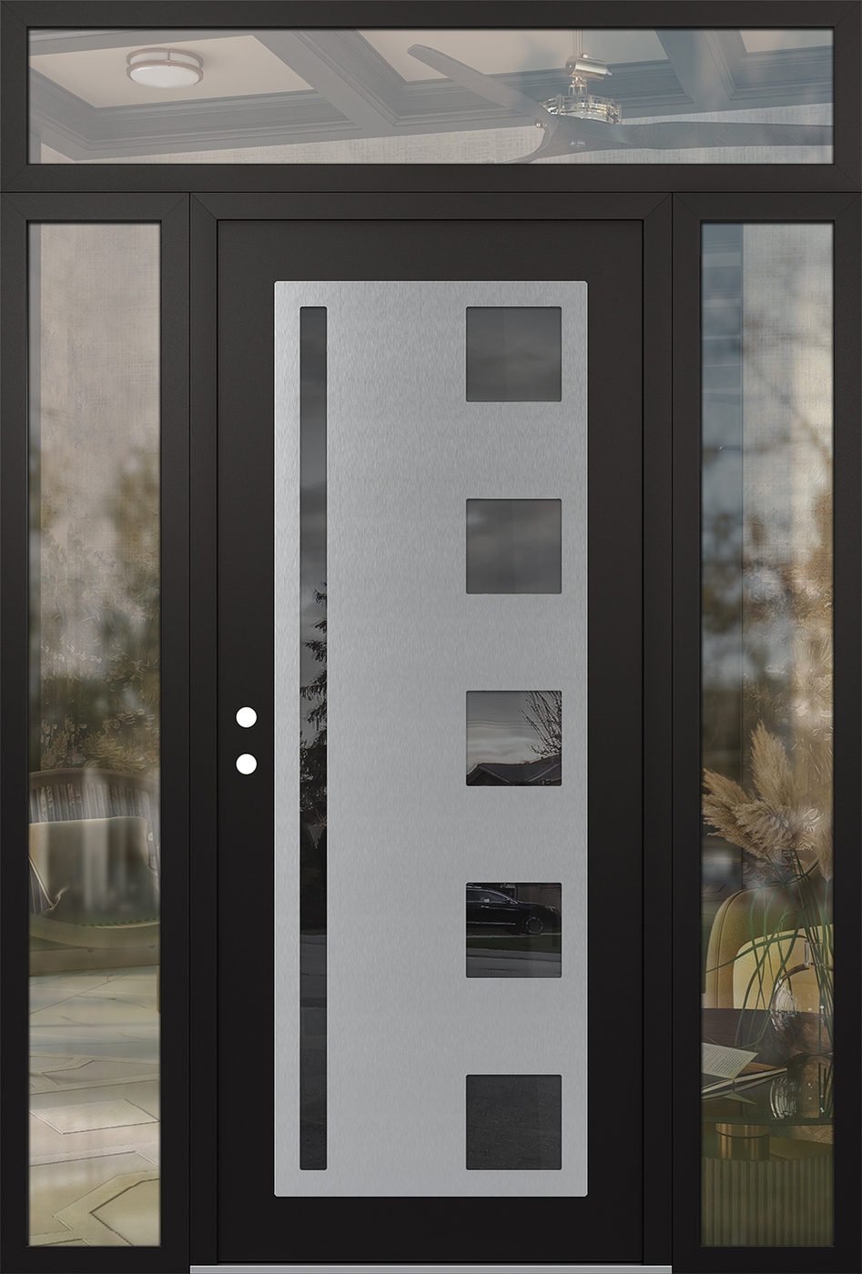 Modern Steel Front Door Diamond C3 64" x 96" black/black mirrored Glass Panel stainless steel RHI with 2 Sidelites and Transom clear Glass