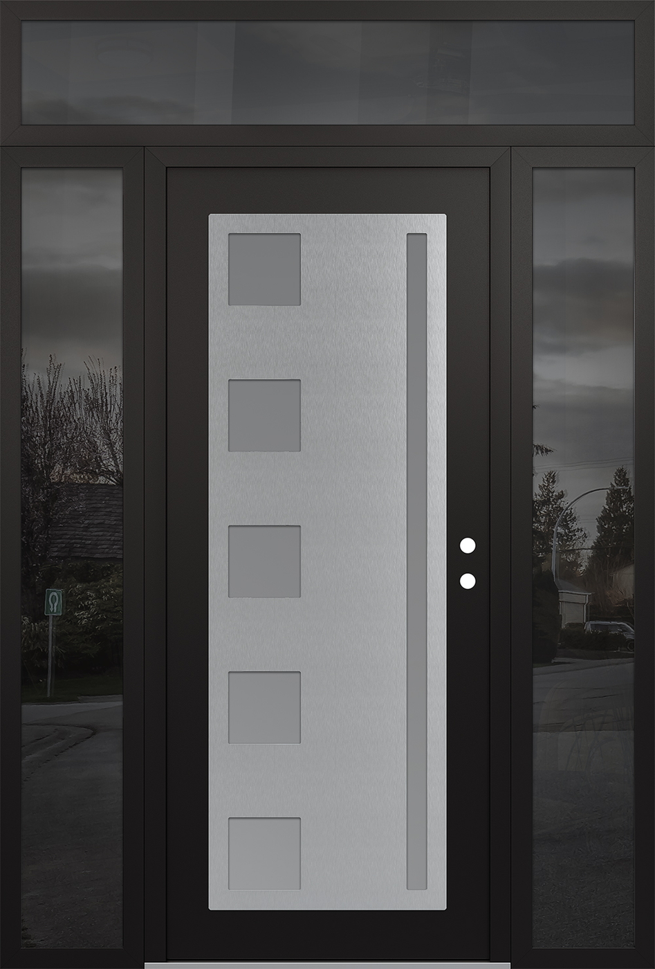 Modern Steel Front Door Diamond C3 64" x 96" black/white frosted Glass Panel stainless steel LHI with 2 Sidelites and Transom mirrored Glass