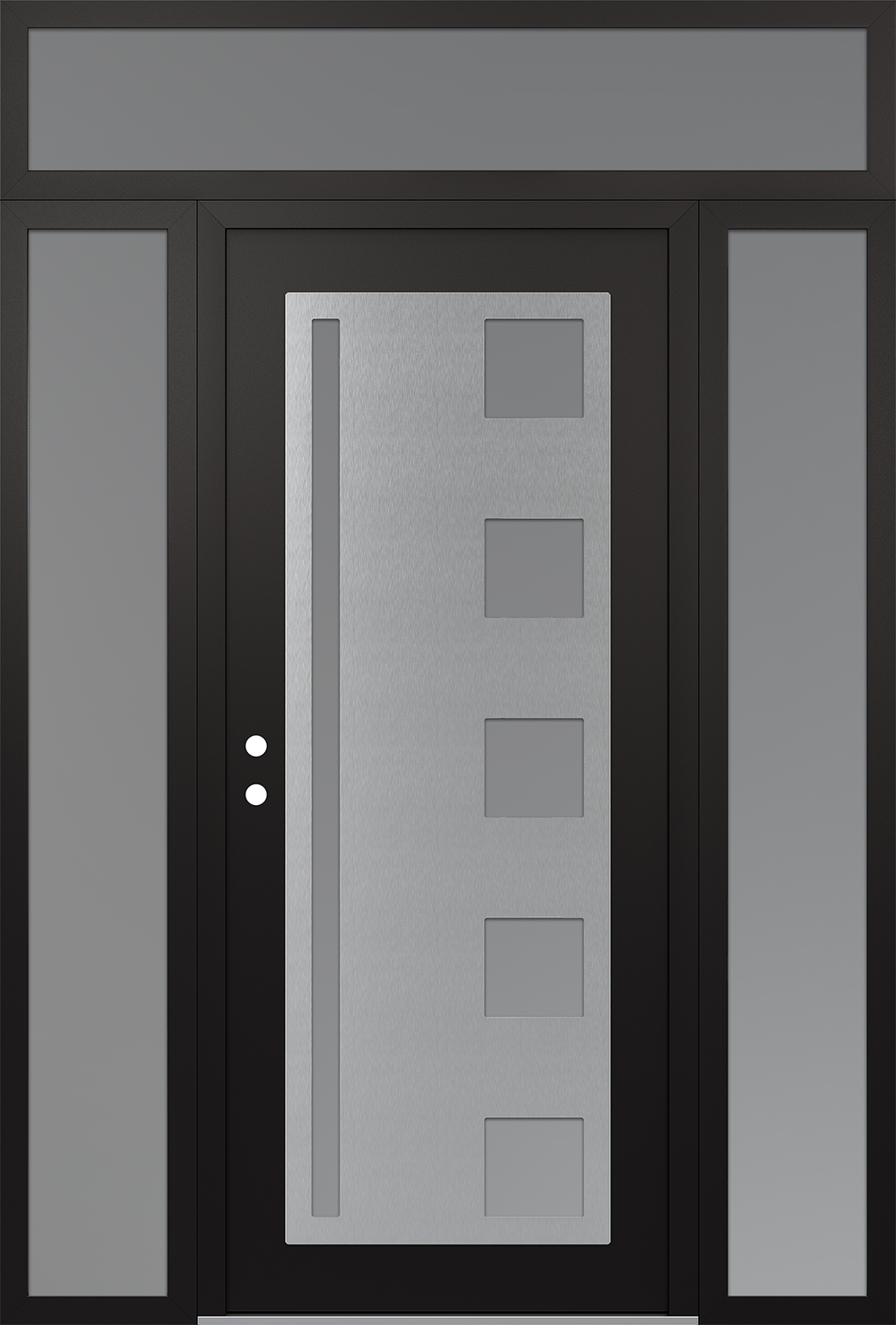 Modern Steel Front Door Diamond C3 64" x 96" black/white frosted Glass Panel stainless steel RHI with 2 Sidelites and Transom frosted Glass