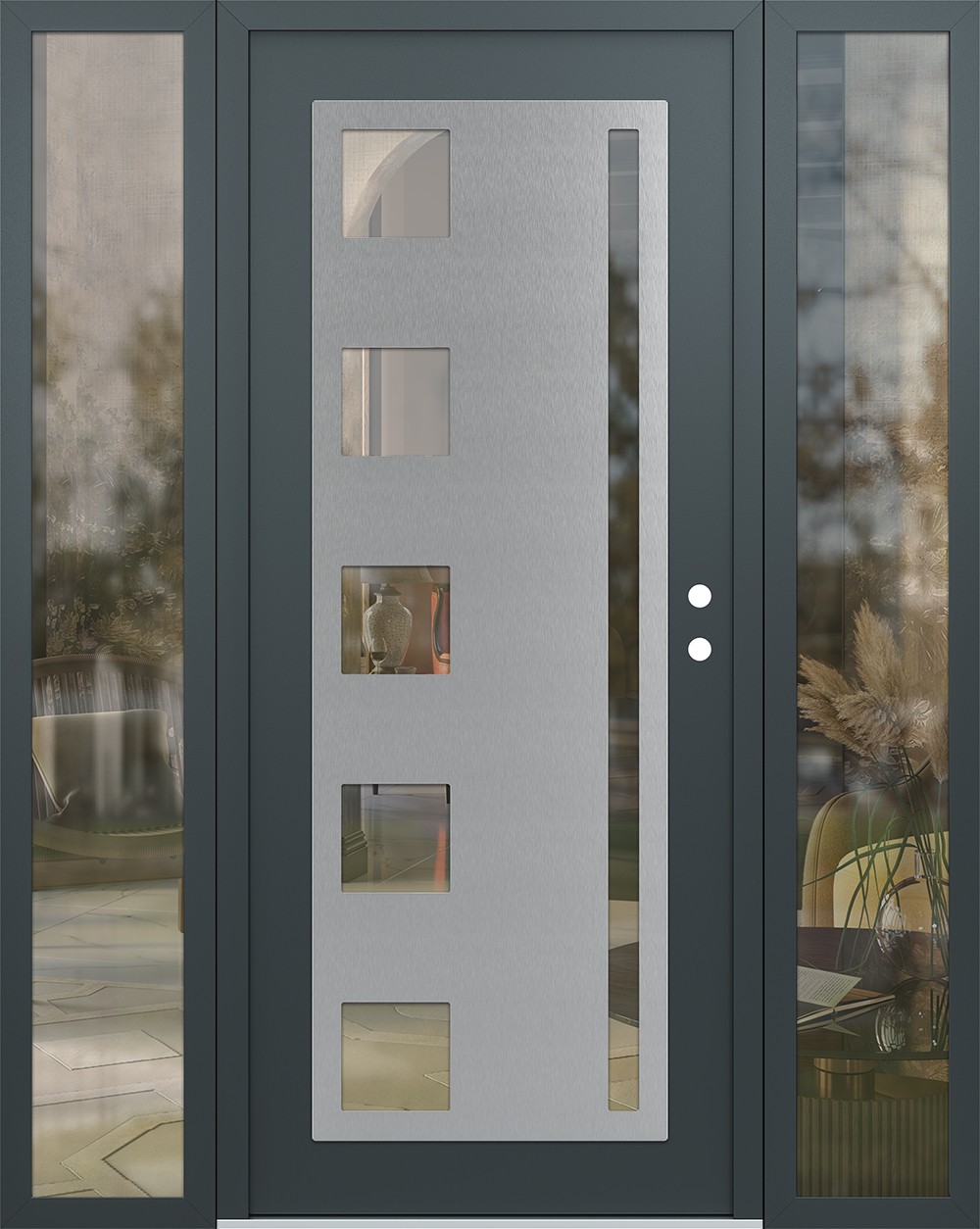 Modern Steel Front Door Diamond C3 68" x 80" anthracite/anthracite clear Glass Panel stainless steel LHI with 2 Sidelites clear Glass