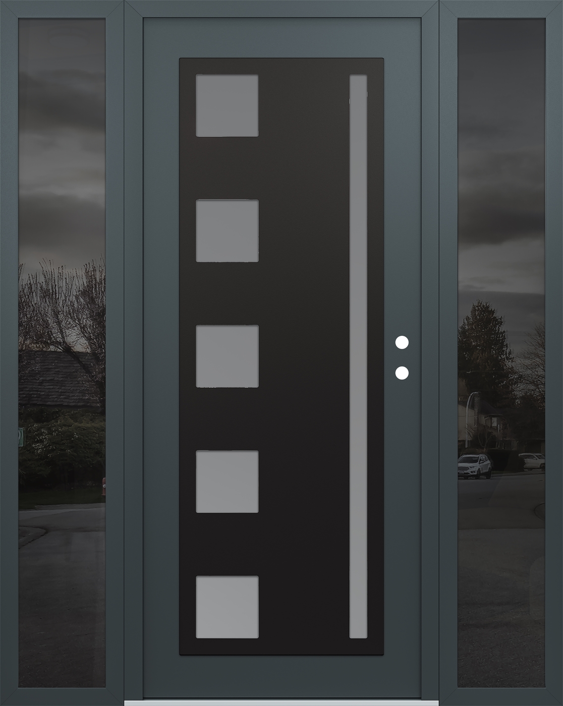 Modern Steel Front Door Diamond C3 68" x 80" anthracite/anthracite frosted Glass Panel black LHI with 2 Sidelites mirrored Glass