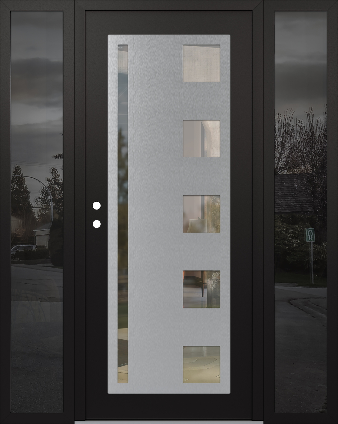 Modern Steel Front Door Diamond C3 68" x 80" black/black clear Glass Panel stainless steel RHI with 2 Sidelites mirrored Glass