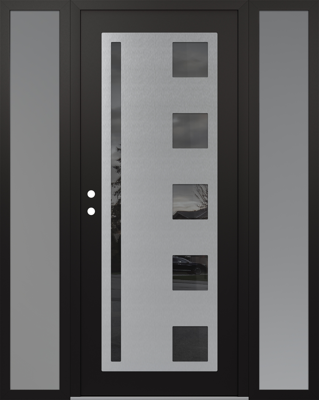 Modern Steel Front Door Diamond C3 68" x 80" black/black mirrored Glass Panel stainless steel RHI with 2 Sidelites frosted Glass