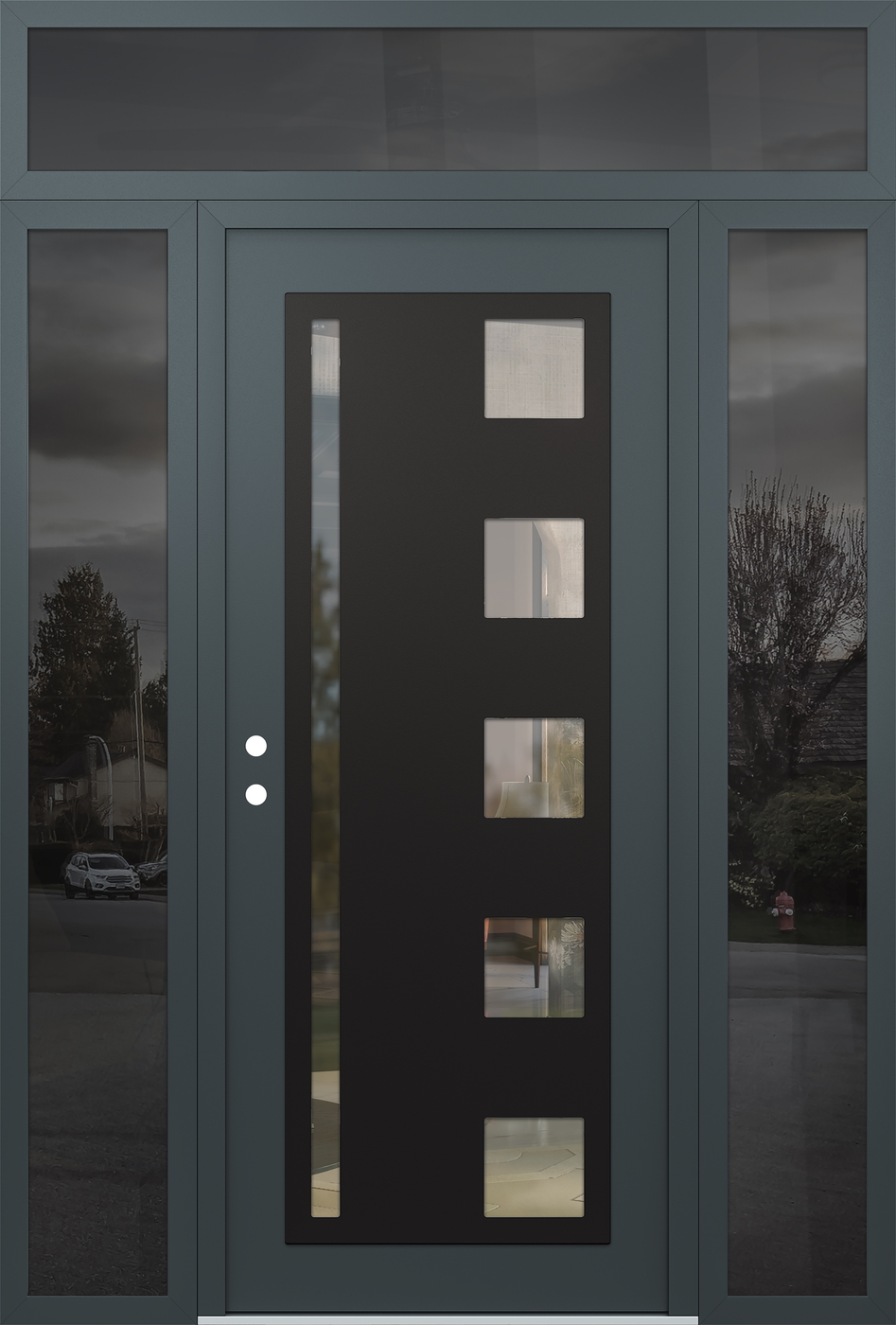 Modern Steel Front Door Diamond C3 68" x 96" anthracite/anthracite clear Glass Panel black RHI with 2 Sidelites and Transom mirrored Glass