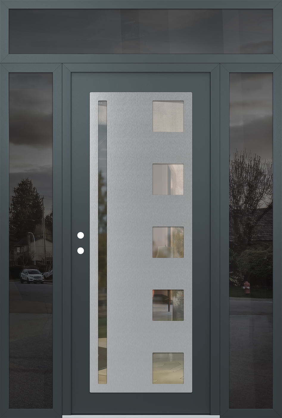 Modern Steel Front Door Diamond C3 68" x 96" anthracite/anthracite clear Glass Panel stainless steel RHI with 2 Sidelites and Transom mirrored Glass