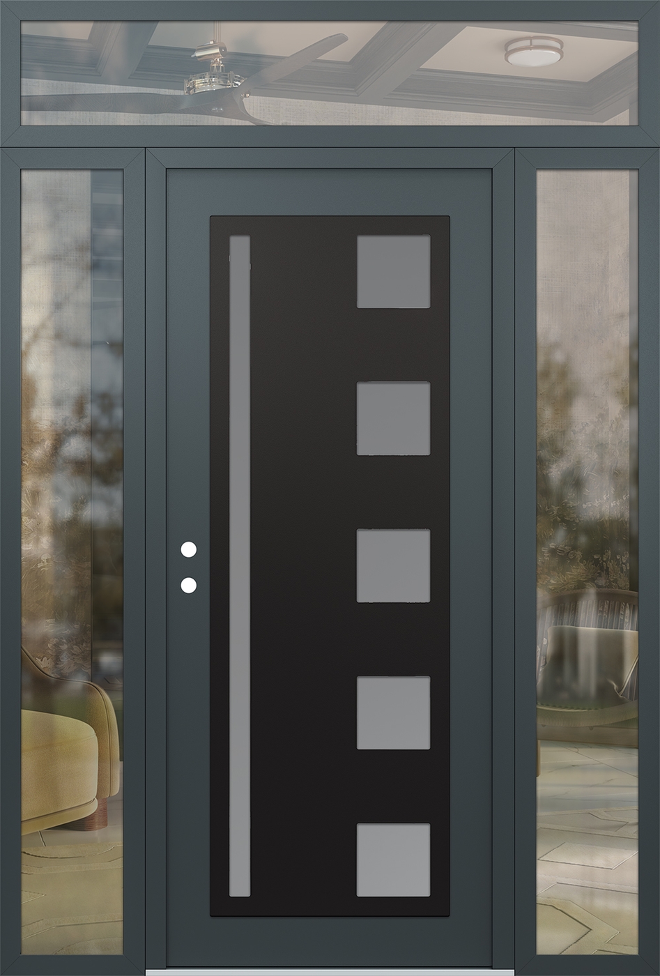 Modern Steel Front Door Diamond C3 68" x 96" anthracite/anthracite frosted Glass Panel black RHI with 2 Sidelites and Transom clear Glass