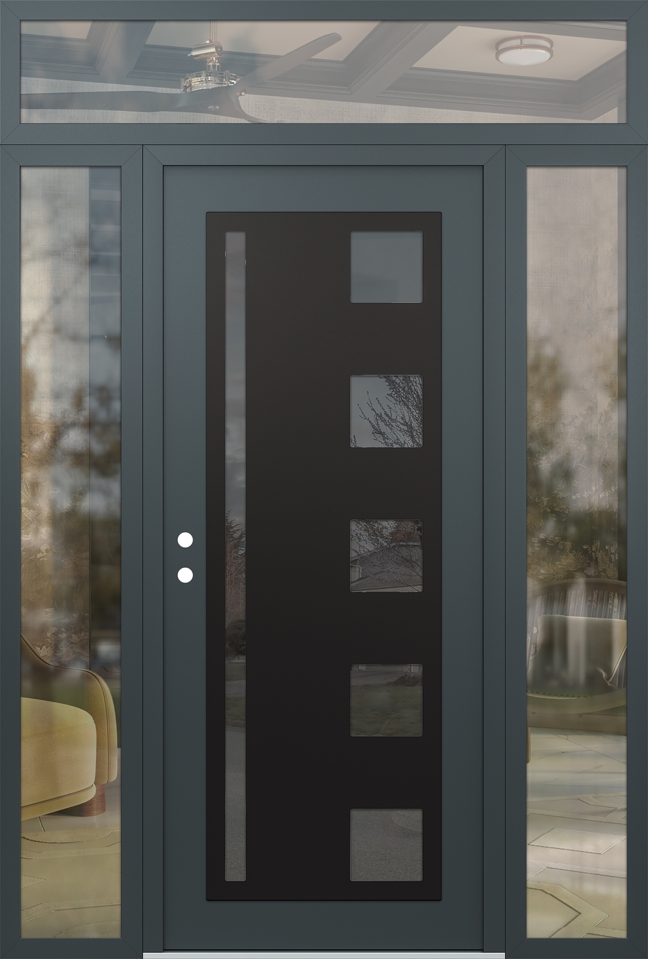 Modern Steel Front Door Diamond C3 68" x 96" anthracite/anthracite mirrored Glass Panel black RHI with 2 Sidelites and Transom clear Glass