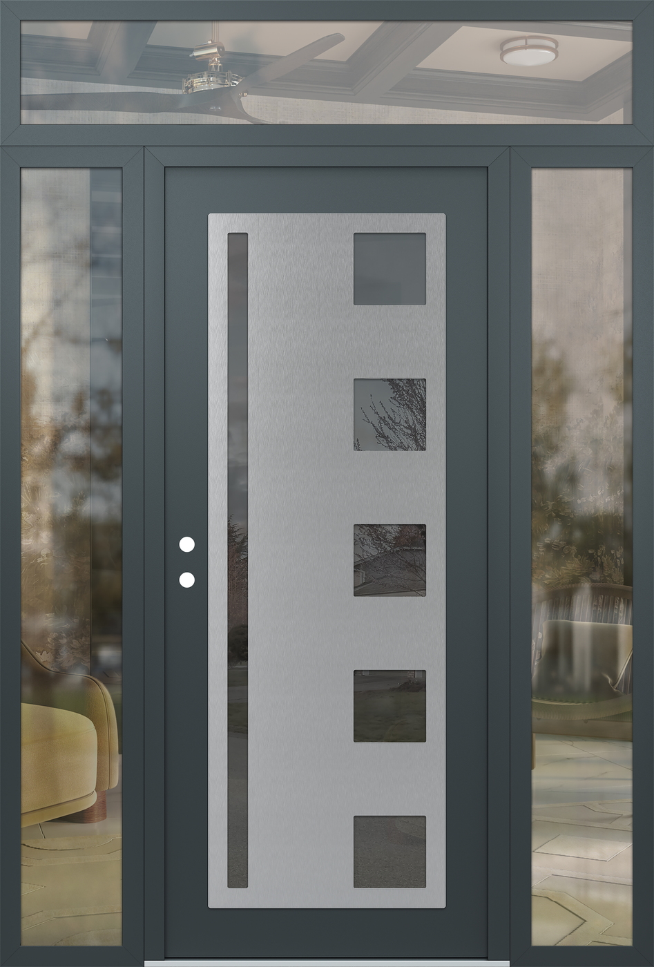 Modern Steel Front Door Diamond C3 68" x 96" anthracite/anthracite mirrored Glass Panel stainless steel RHI with 2 Sidelites and Transom clear Glass