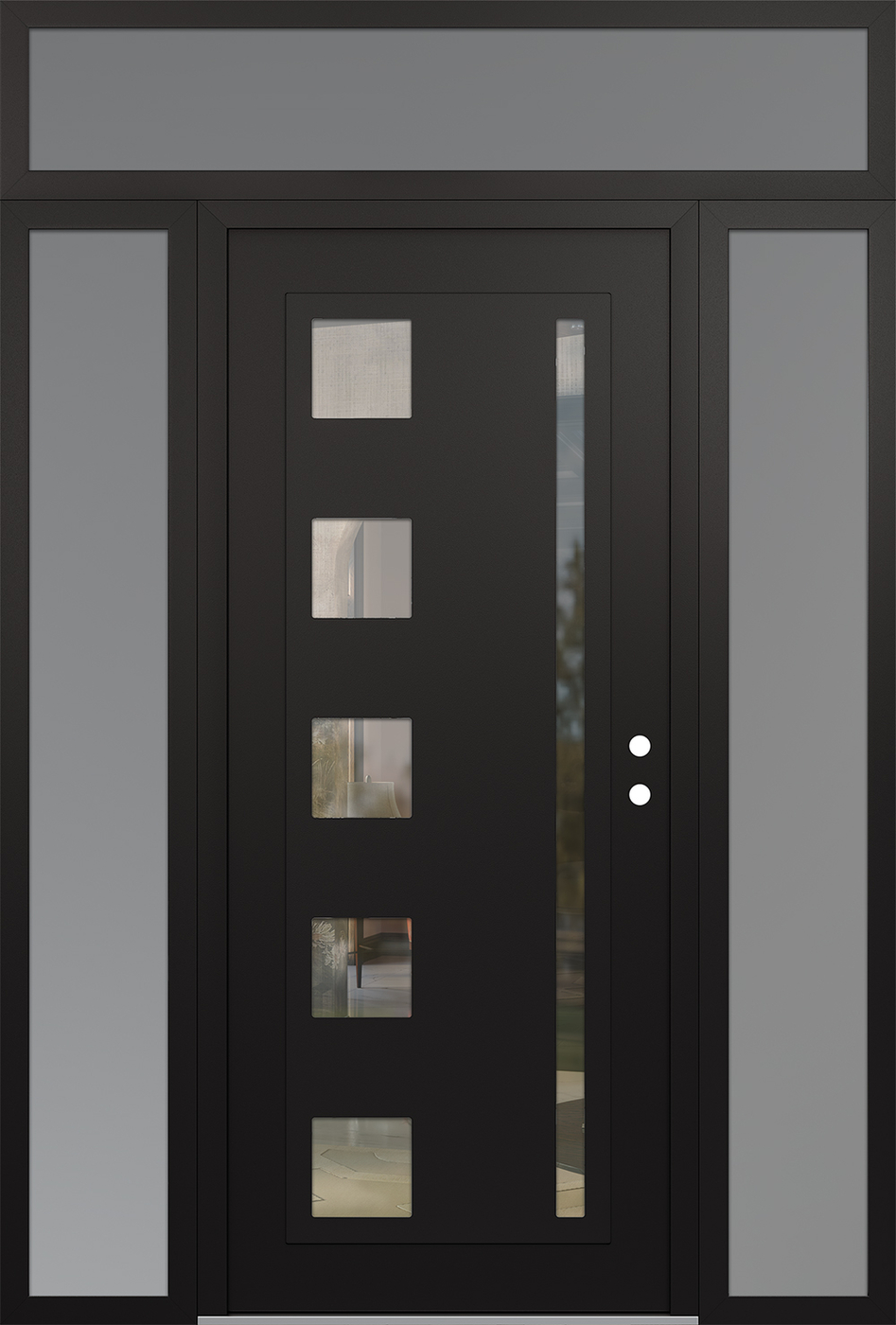 Modern Steel Front Door Diamond C3 68" x 96" black/black clear Glass Panel black LHI with 2 Sidelites and Transom frosted Glass