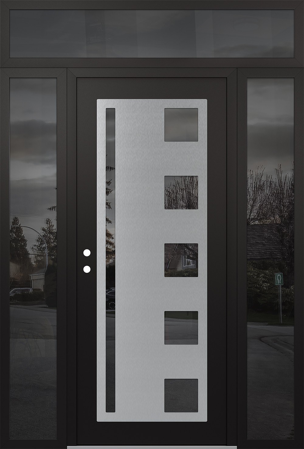 Modern Steel Front Door Diamond C3 68" x 96" black/black mirrored Glass Panel stainless steel RHI with 2 Sidelites and Transom mirrored Glass