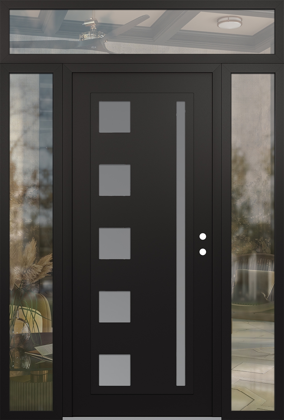 Modern Steel Front Door Diamond C3 68" x 96" black/white frosted Glass Panel black LHI with 2 Sidelites and Transom clear Glass