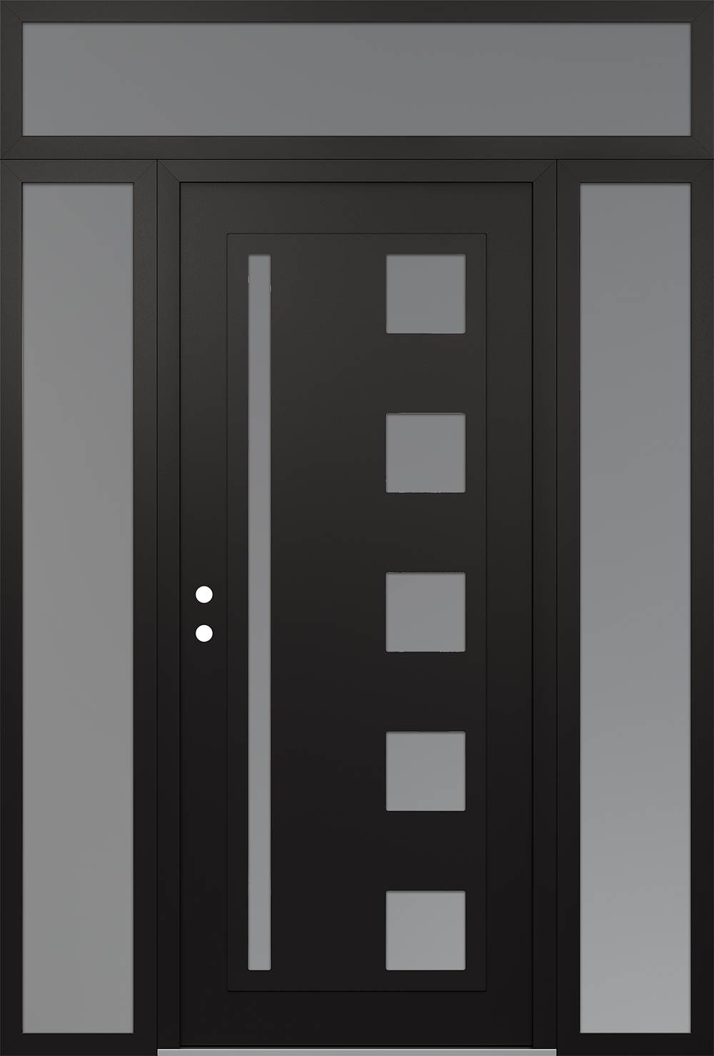 Modern Steel Front Door Diamond C3 68" x 96" black/white frosted Glass Panel black RHI with 2 Sidelites and Transom frosted Glass