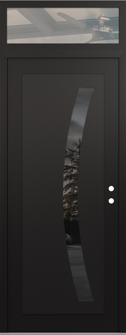 Modern Steel Front Door DIAMOND C4 36" X 96" BLACK/BLACK MIRRORED GLASS PANEL BLACK LHI WITH TRANSOM CLEAR GLASS