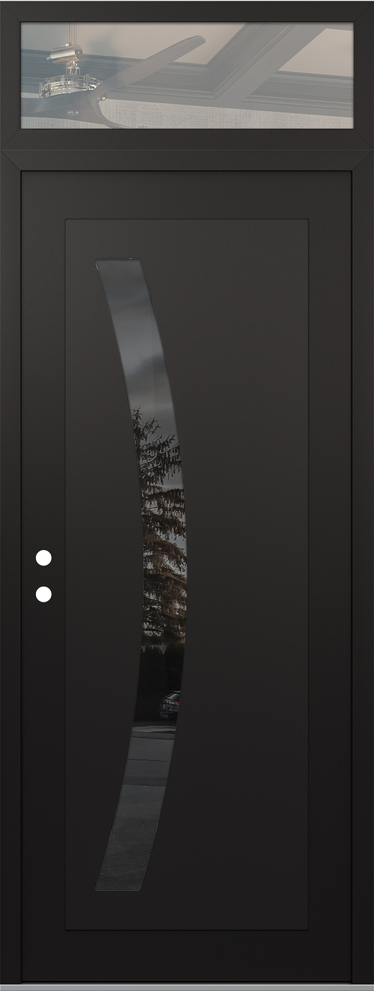 Modern Steel Front Door DIAMOND C4 36" X 96" BLACK/BLACK MIRRORED GLASS PANEL BLACK RHI WITH TRANSOM CLEAR GLASS