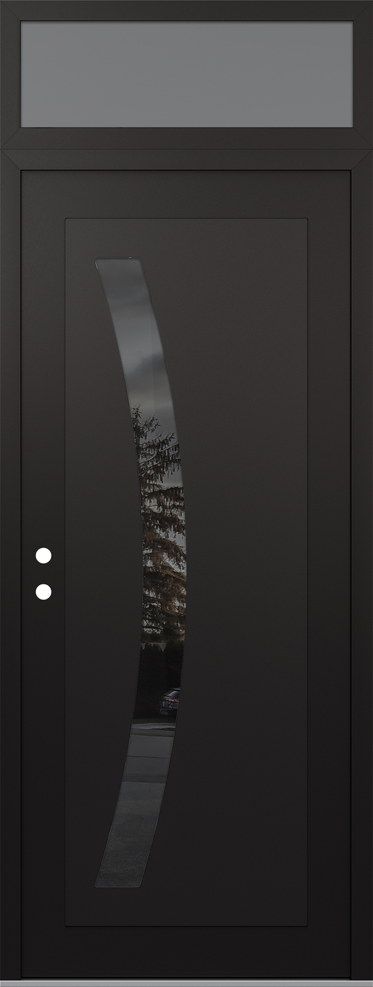 Modern Steel Front Door DIAMOND C4 36" X 96" BLACK/BLACK MIRRORED GLASS PANEL BLACK RHI WITH TRANSOM FROSTED GLASS
