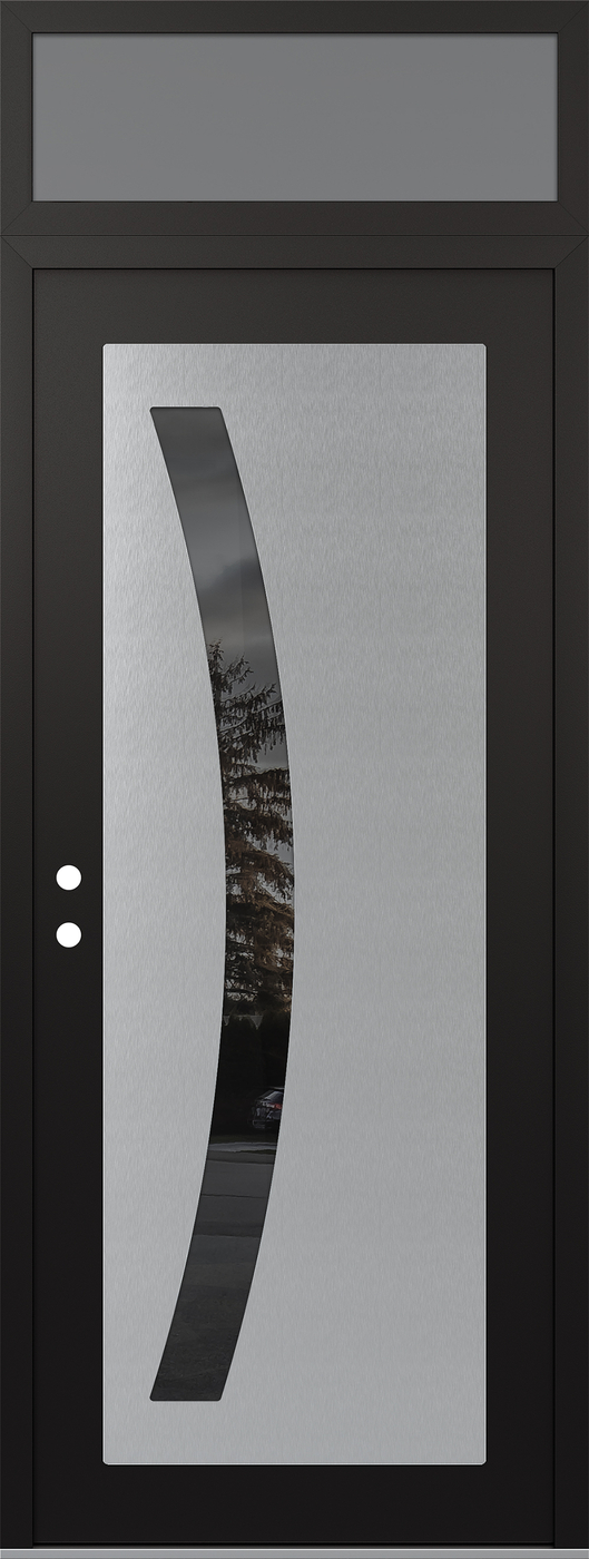Modern Steel Front Door DIAMOND C4 36" X 96" BLACK/BLACK MIRRORED GLASS PANEL STAINLESS STEEL RHI WITH TRANSOM FROSTED GLASS