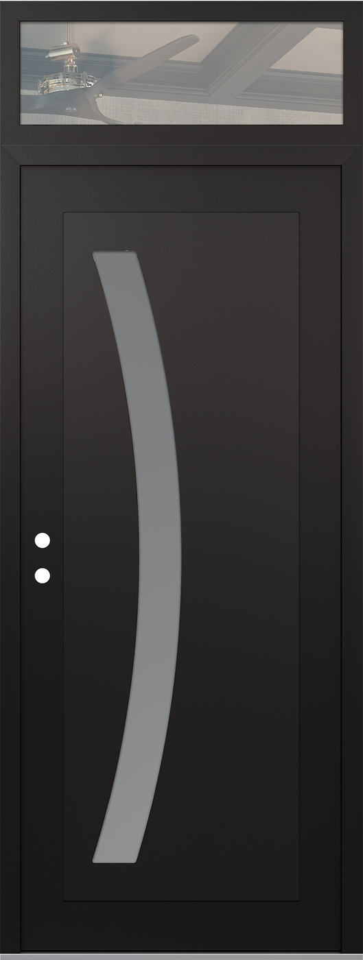 Modern Steel Front Door DIAMOND C4 36" X 96" BLACK/WHITE FROSTED GLASS PANEL BLACK RHI WITH TRANSOM CLEAR GLASS
